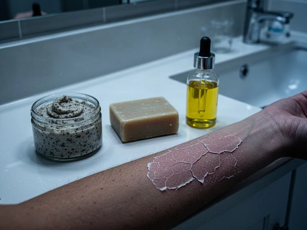A bathroom counter with three skincare mistakes: a gritty scrub, a bar soap, a dropper bottle of pure oil, cracked dry s