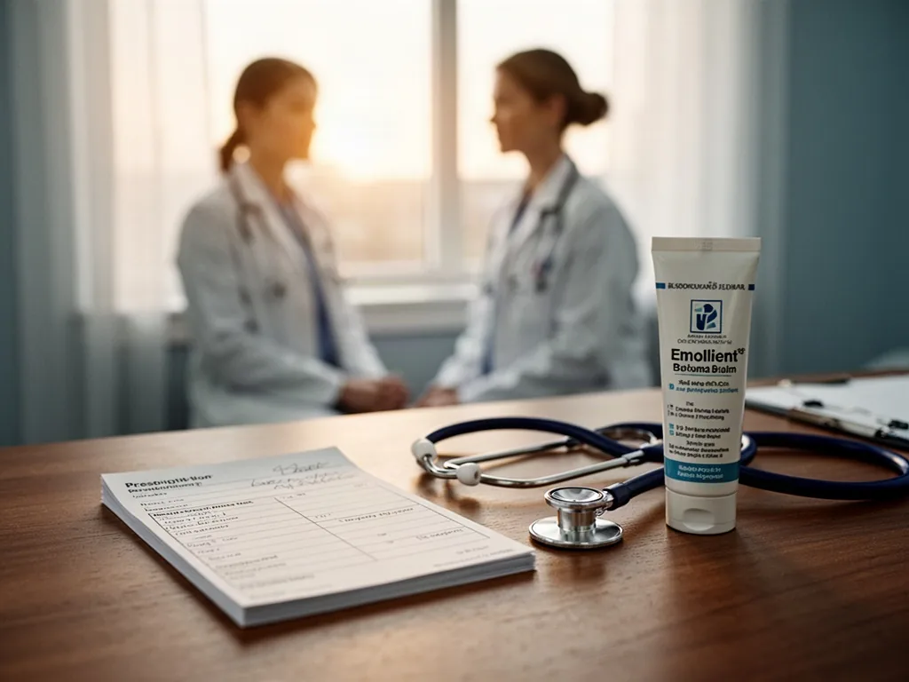 A wooden desk with a prescription pad, a stethoscope, and a tube of emollient balm beside a blurred doctor silhouette at