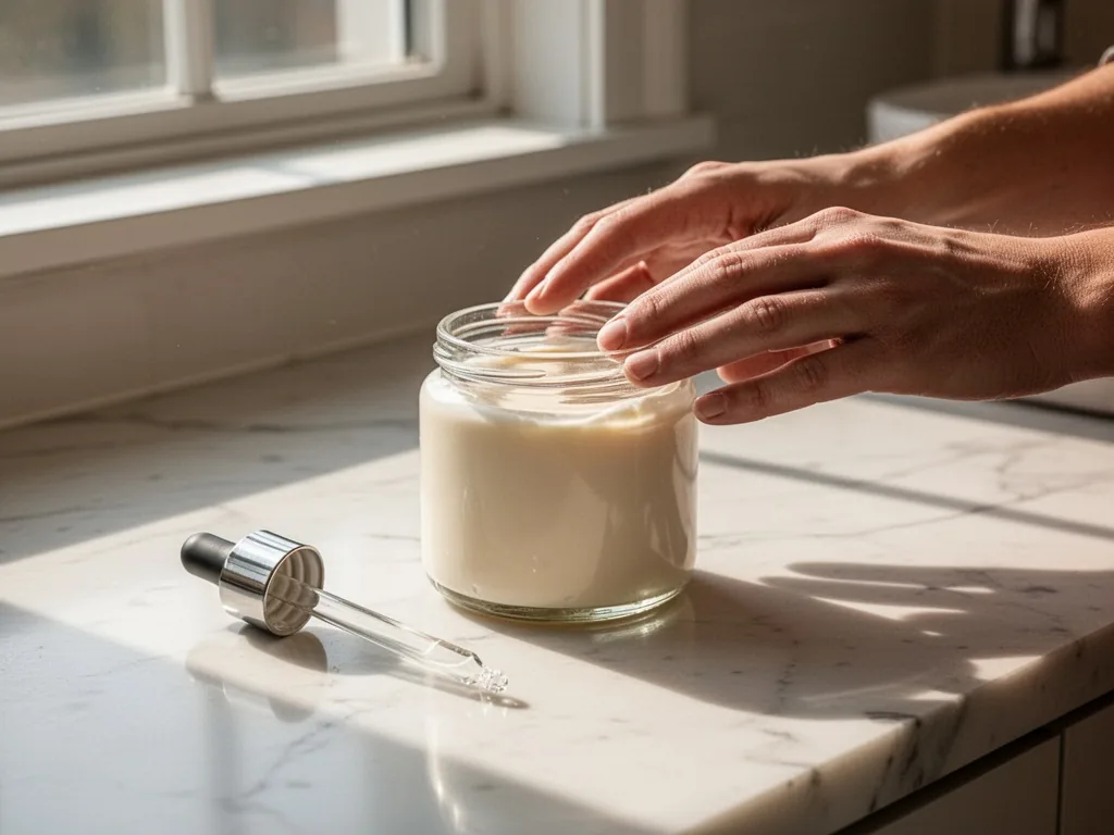 A glass jar of cream on a white marble counter, a silver dropper beside it, morning light streaming from a window, hands