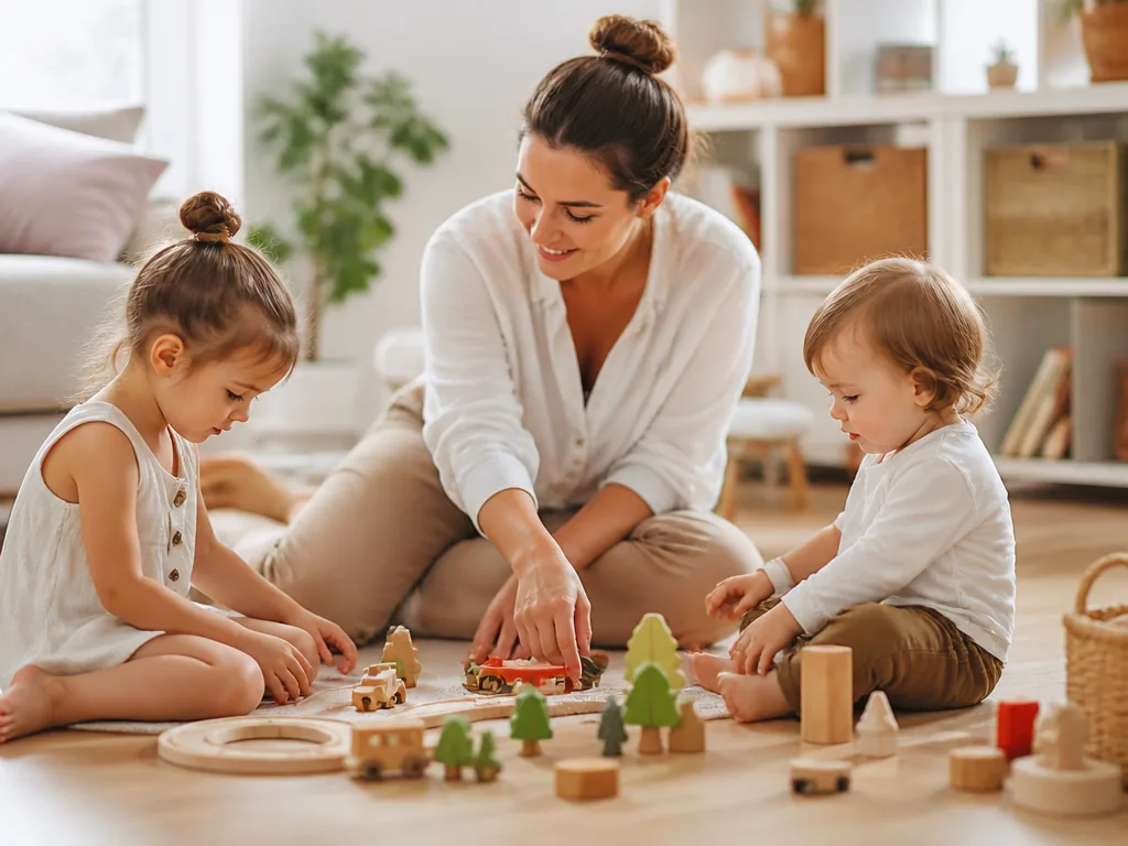 Un parent et son enfant jouent à un jeu de société en bois sur un tapis, dans un salon cosy