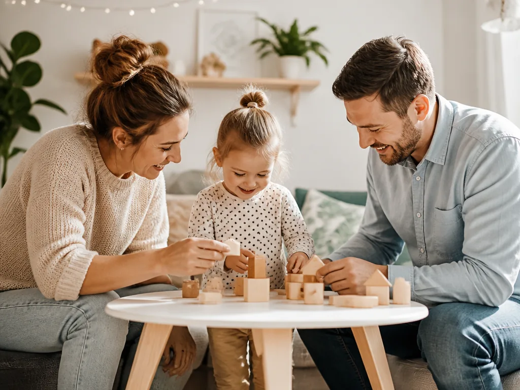 Une famille avec deux enfants joue à un jeu de société autour d'une table en bois, dans un salon lumineux
