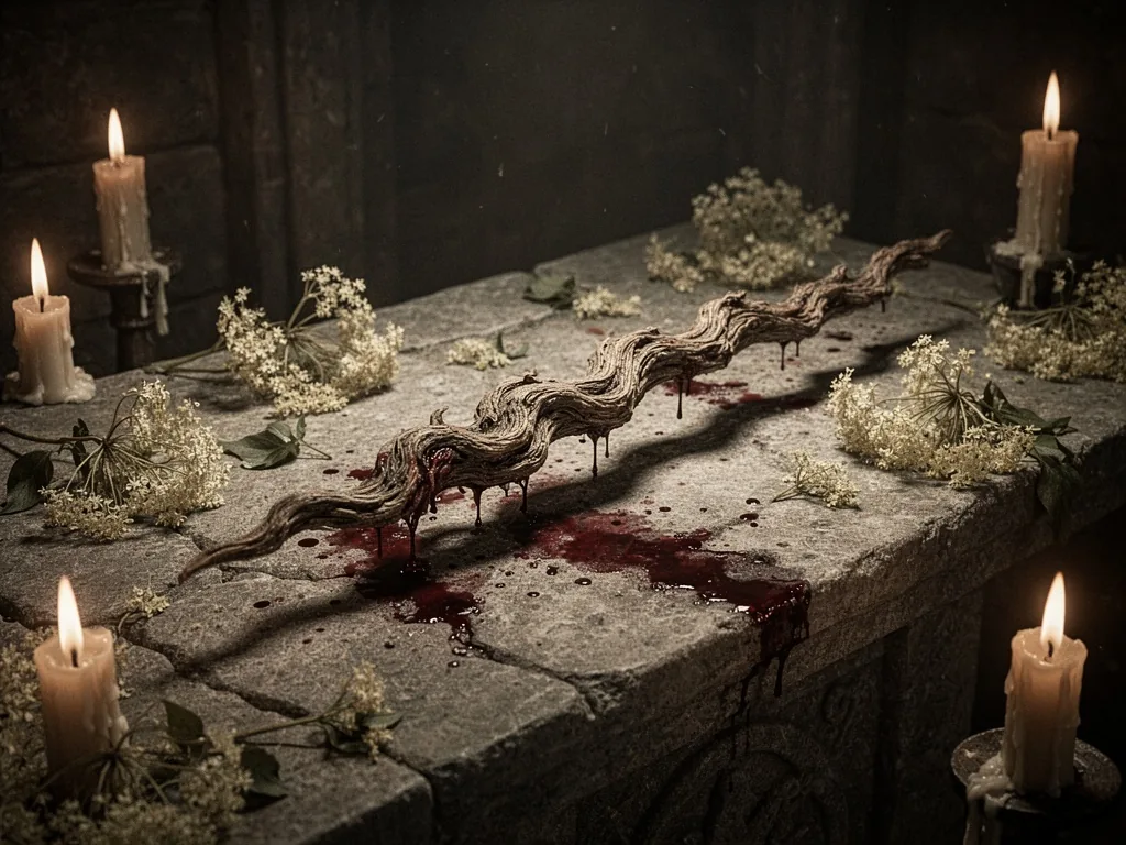 A gnarled elder wand with dried bloodstains rests on a stone altar, withered elderflowers scattered around, dim candleli