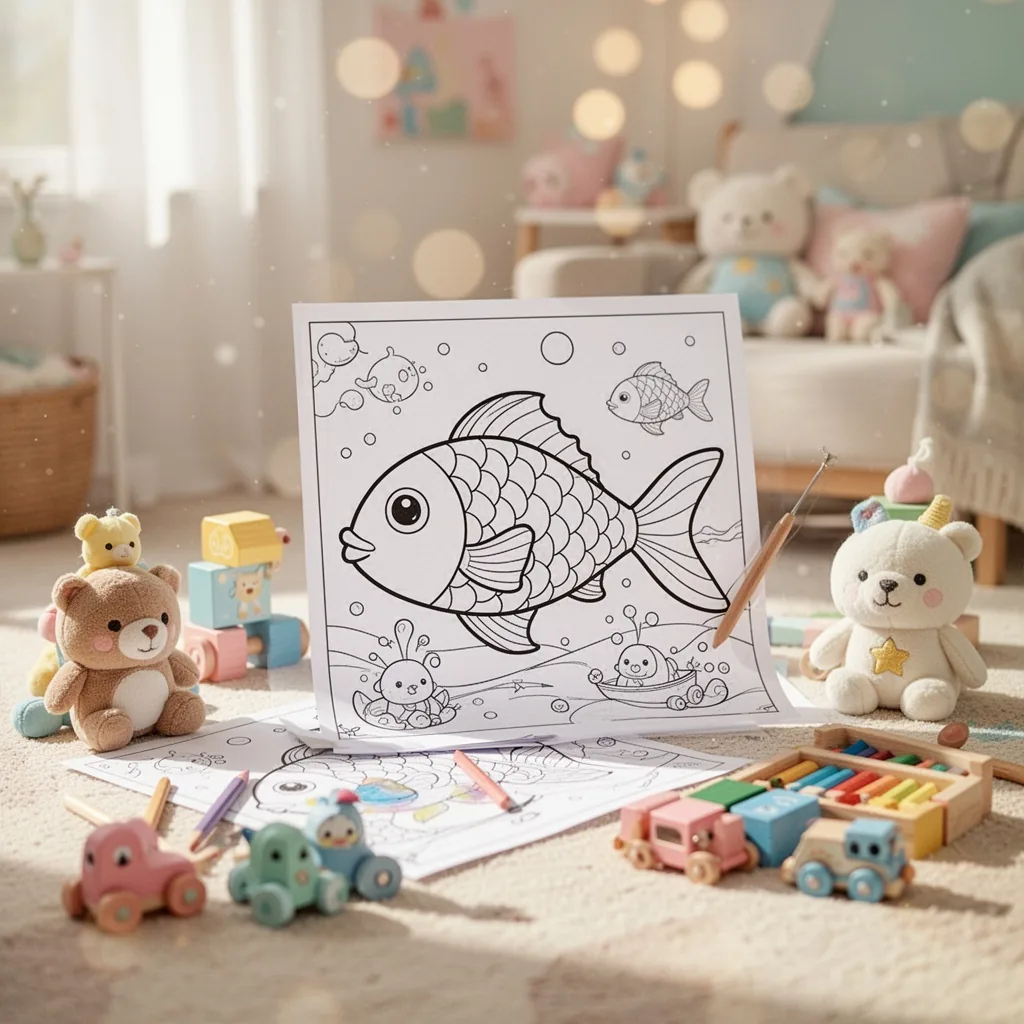 Un coloriage de poisson aux contours épais, posé sur une table en bois avec des crayons de couleur éparpillés