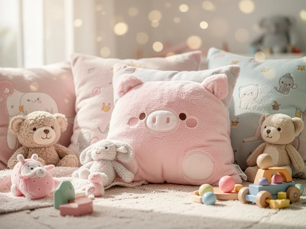 Un coussin peluche en forme de lapin posé sur un lit d'enfant, avec une lumière douce en arrière-plan