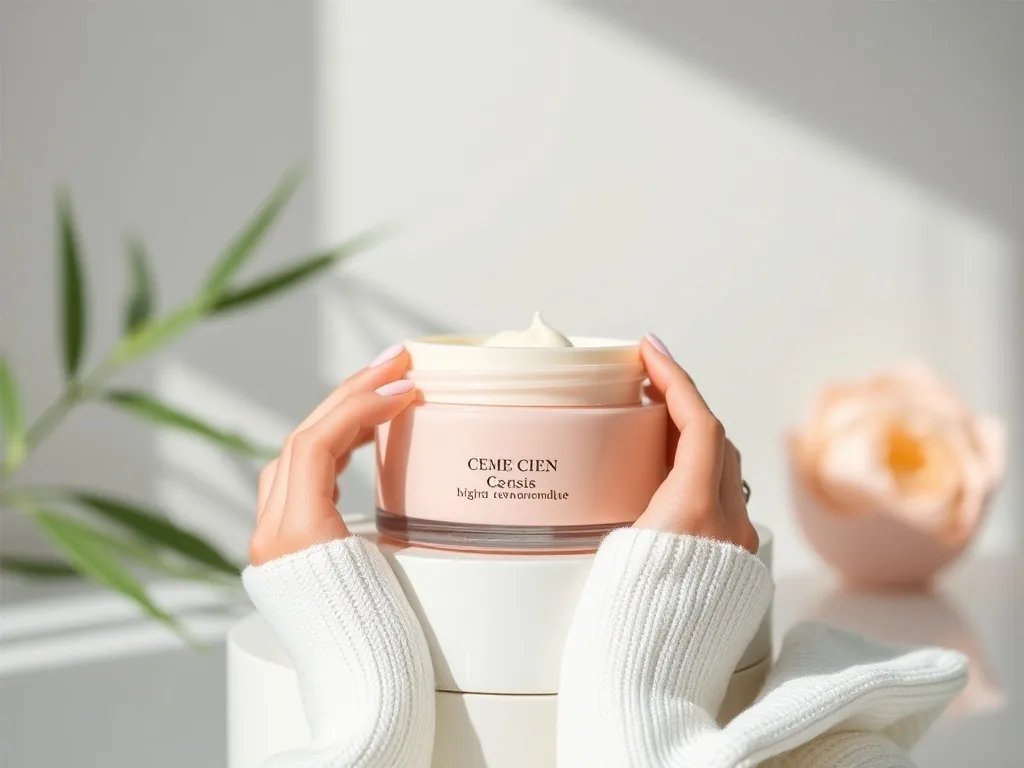 Un pot de crème Cien sur une coiffeuse, entouré de flacons et d’un miroir, avec une main qui applique une noisette de crème.