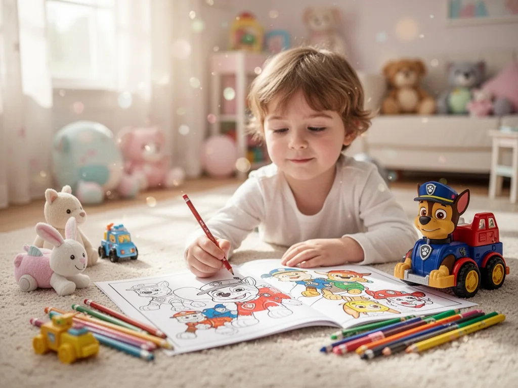Coloriage de la Pat' Patrouille avec les chiens sauveteurs entourant Ryder, sur une table avec des crayons de couleur