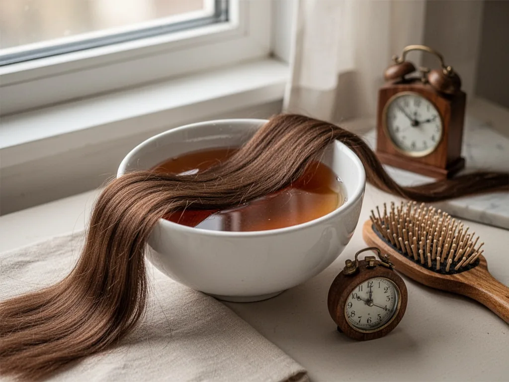 A smooth brown hair strand draped over a white ceramic bowl filled with amber tanin liquid, alongside a wooden hairbrush