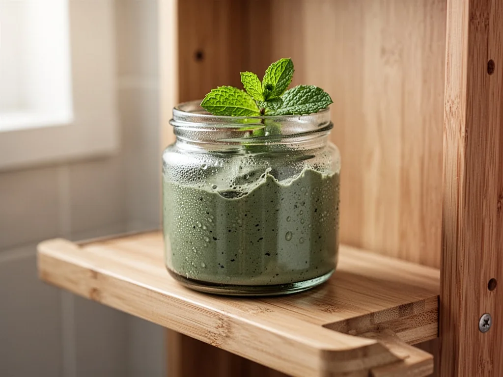 A glass jar of green clay mask with a fresh mint leaf on the lid, wooden bathroom shelf, soft diffused daylight, slight