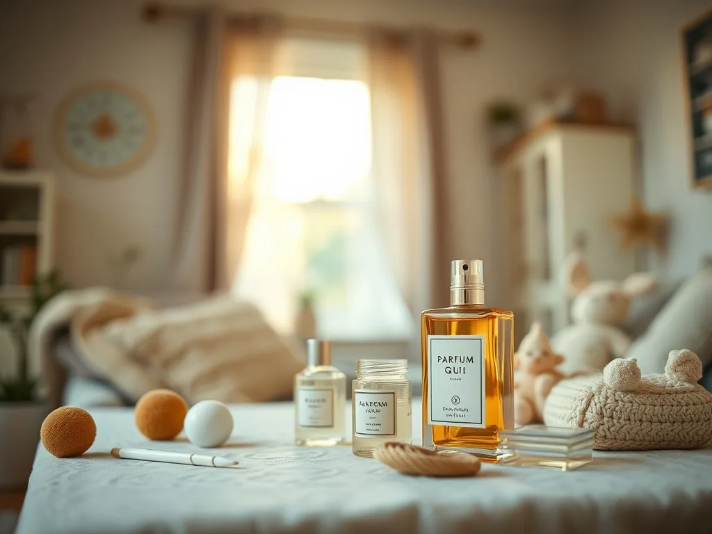 Un flacon de parfum 33ml posé en équilibre sur un rebord de fenêtre, lumière du matin.