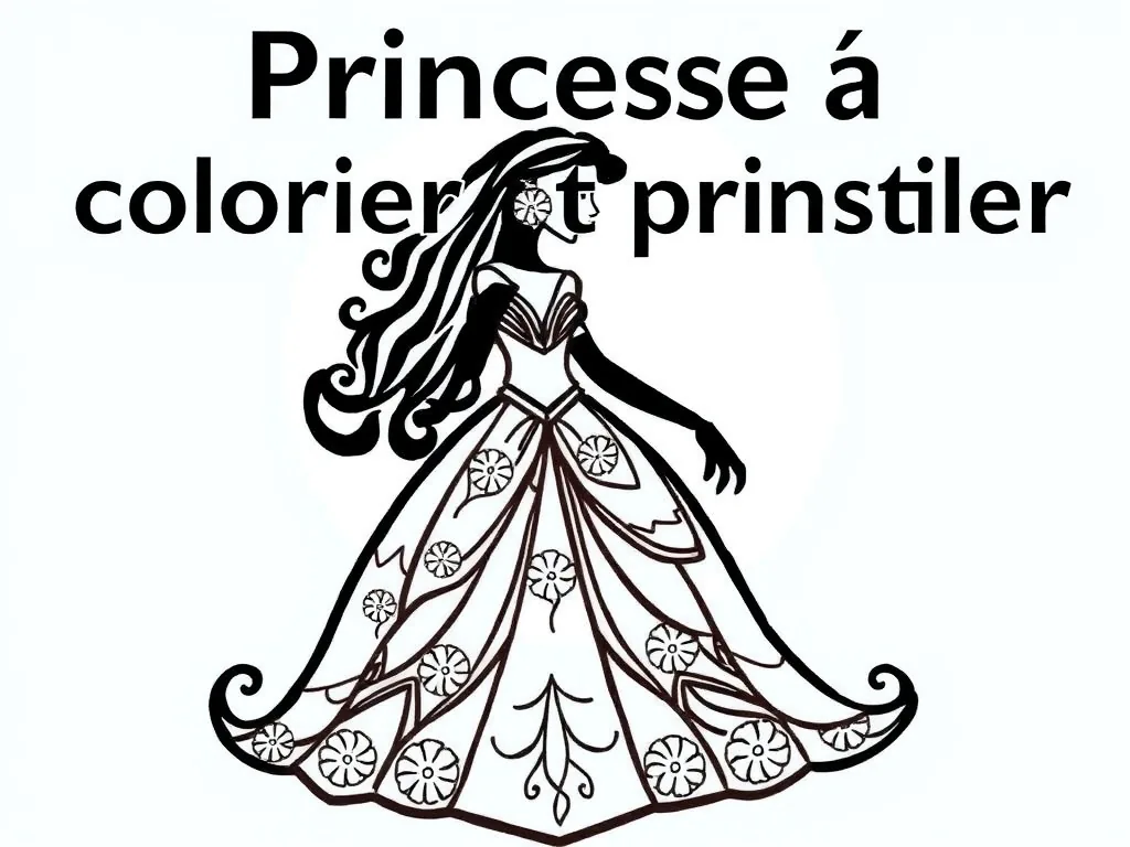 Un dessin de princesse à colorier posé sur une table en bois, entouré de crayons de couleur éparpillés et d'une paire de