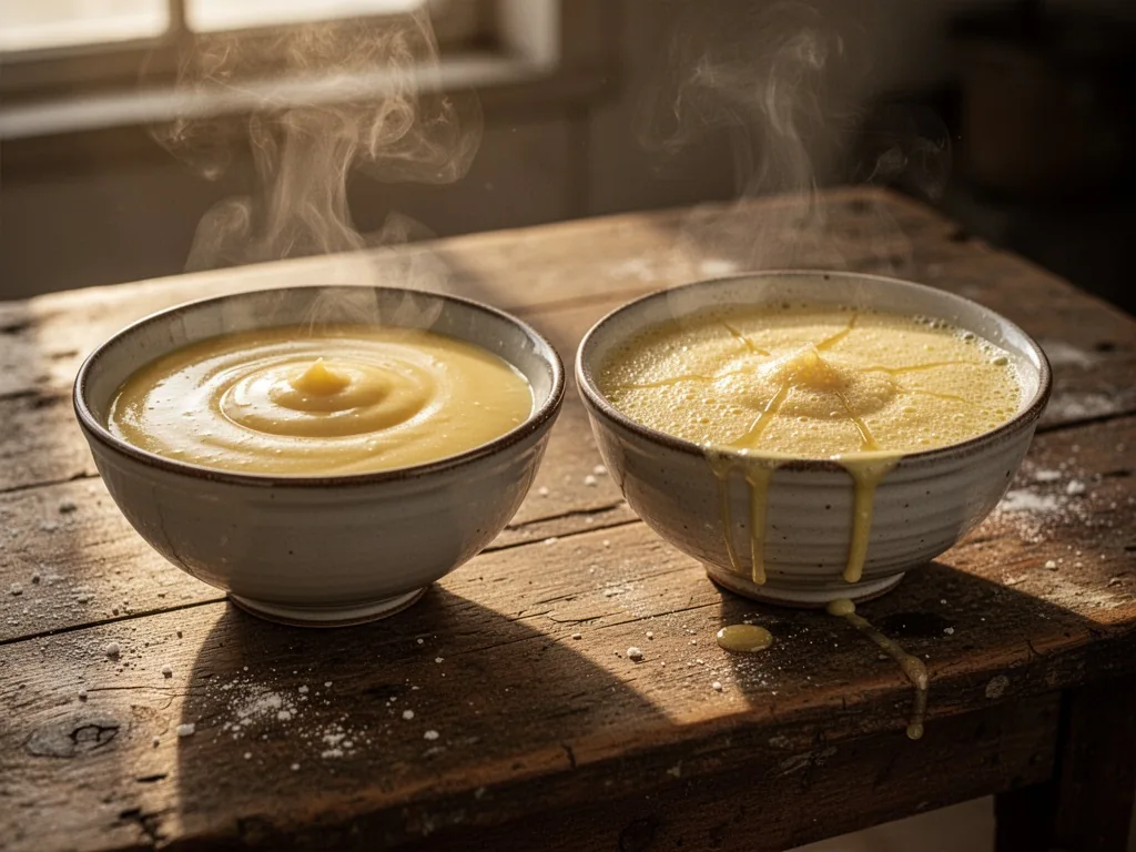 Two bowls of sabayon side by side on a worn wooden table, one smooth and glossy, the other grainy with thin liquid strea