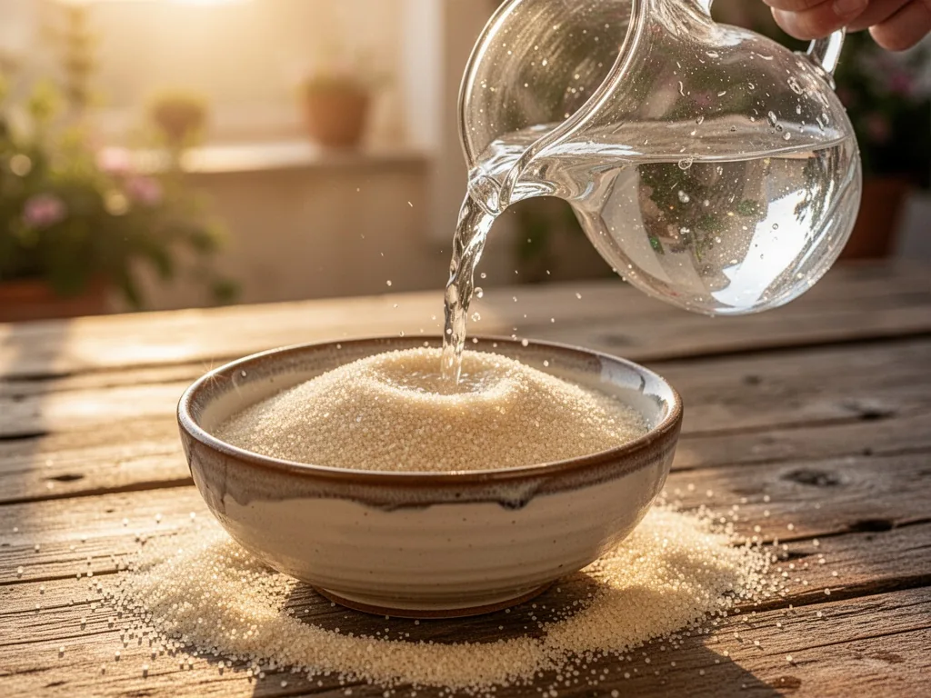 A ceramic bowl filled with fine semolina grains, a stream of cool water pouring from a clear glass pitcher, soft golden 