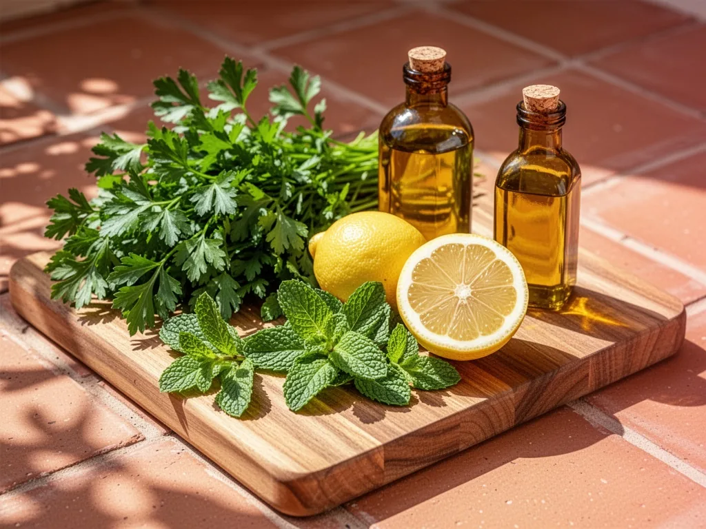 A wooden cutting board with fresh parsley sprigs, green mint leaves, a halved bright yellow lemon, and a small amber bot