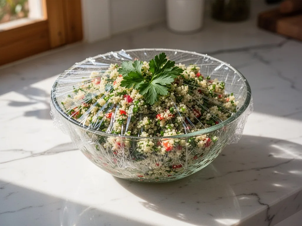 A glass bowl of taboulé salad covered with clear cling film, parsley garnish visible, placed on a white marble counterto