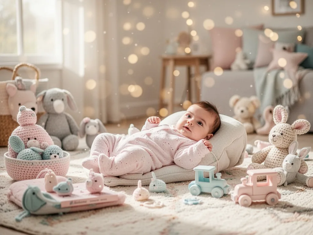 Un faire-part de naissance sobre posé sur une table en bois, à côté d'une tasse de thé et d'un lange en bambou plié.
