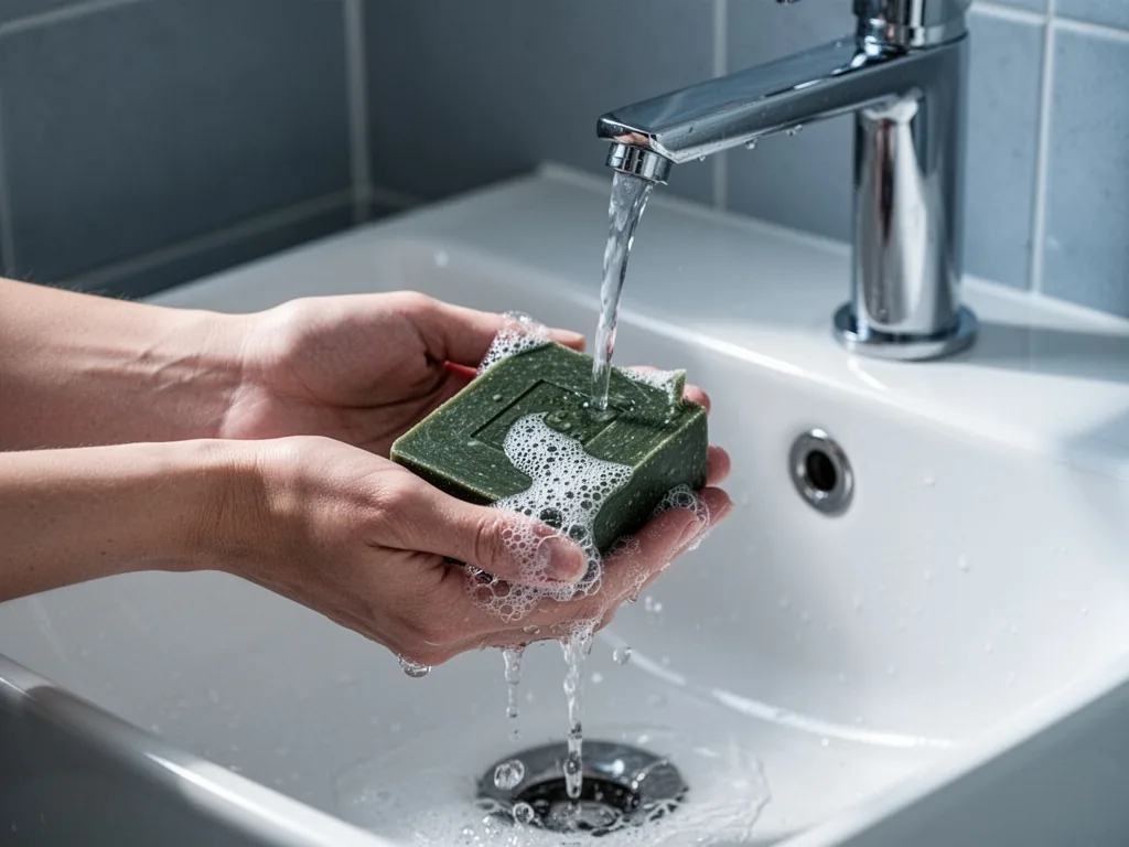 A woman's hands holding a dark green savon noir soap block under a thin stream of tap water, small foam bubbles on finge