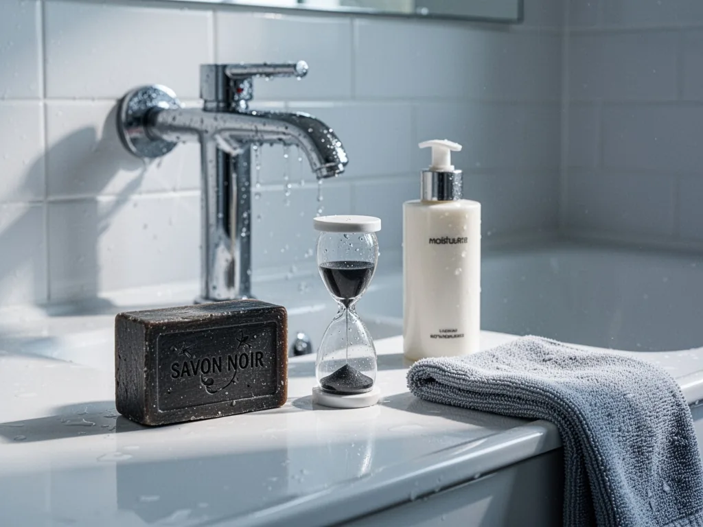 A bathroom counter with a savon noir soap block, a small hourglass timer, a moisturizer bottle, and a damp washcloth, wa