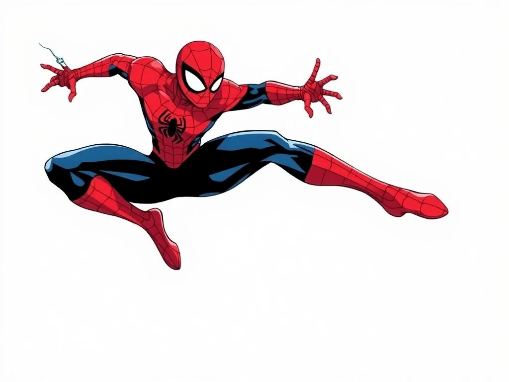 Un dessin de Spiderman en noir et blanc posé sur une table, entouré de crayons de couleur rouges et bleus, prêt à être colorié