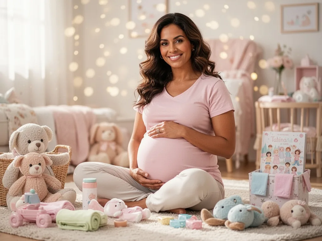Tatiana Silva, souriante et épanouie, pose une main sur son ventre arrondi, cheveux détachés, dans un décor lumineux et sobre