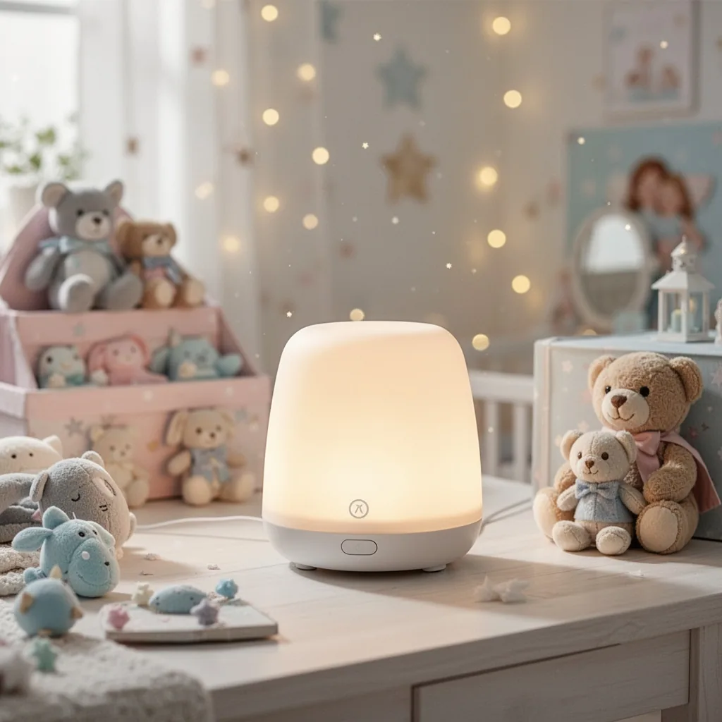 Une veilleuse en forme de nuage posée sur une table de chevet, diffusant une lumière rouge tamisée dans une chambre d'enfant.