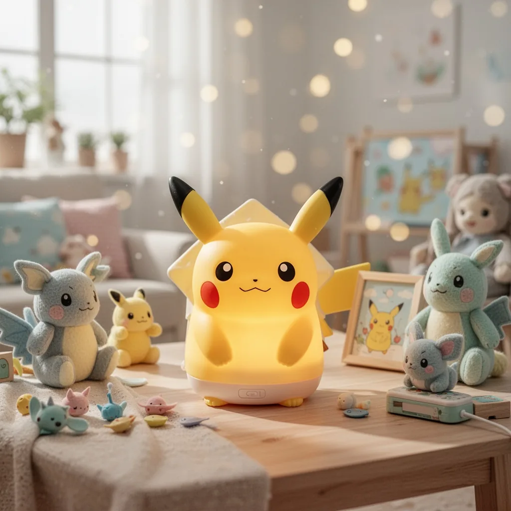 Veilleuse Pokémon en forme de Pokéball diffusant une lumière douce sur une table de chevet